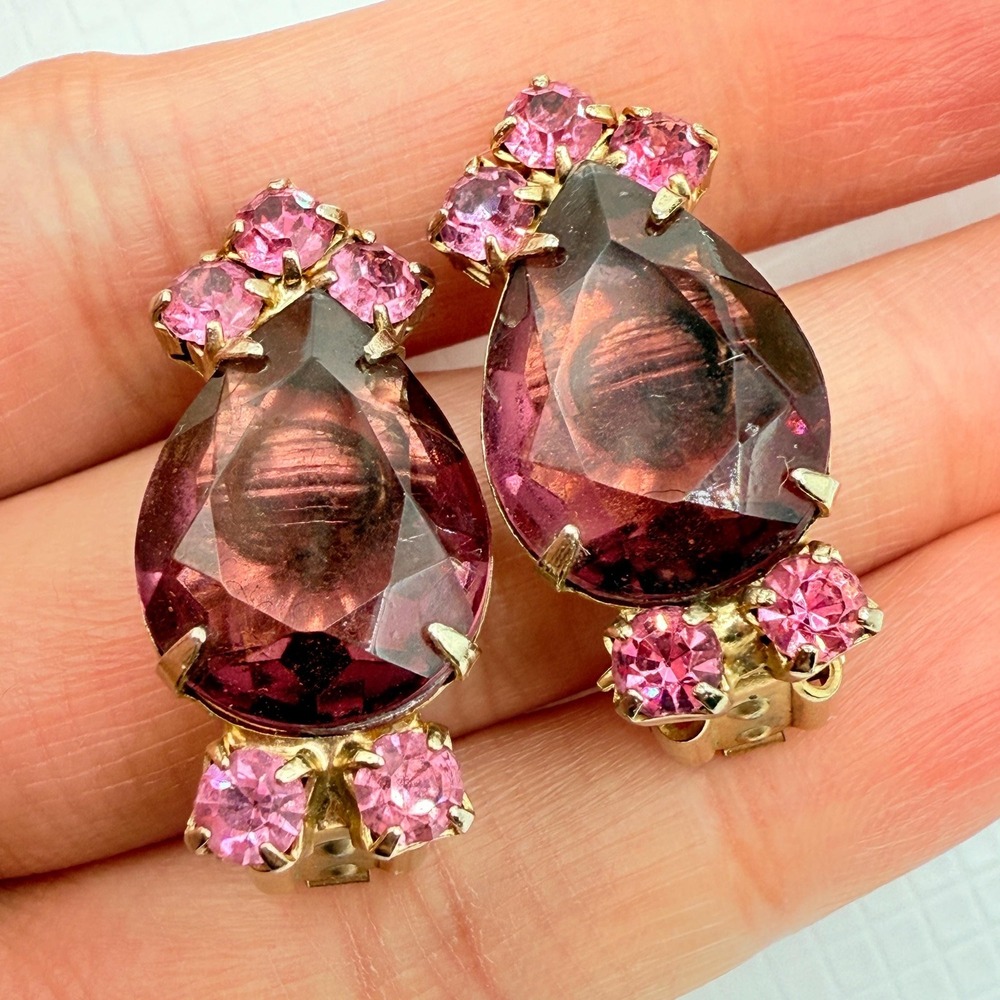Vintage Pink/Light Purple Glass Rhinestone Teardrop Clip-On Statement Earrings